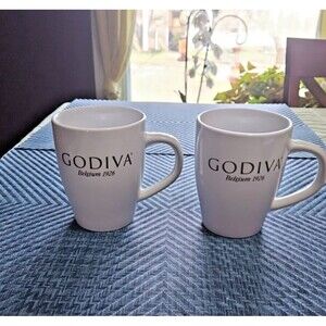 2 GODIVA Coffee Mug "Belgium 1926" Hot Chocolate Cocoa Tall Cup Beige 14 oz NICE